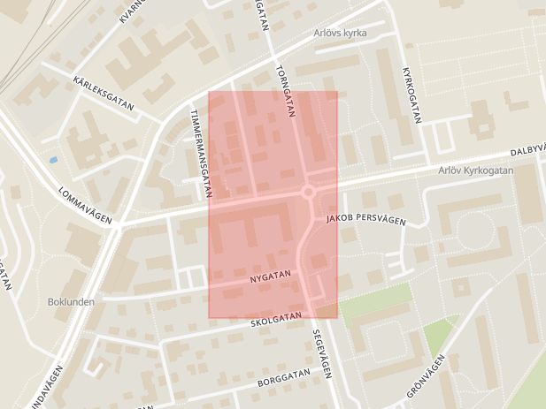 Karta som med röd fyrkant ramar in Arlöv, Nygatan, Lundavägen, Burlöv, Skåne län
