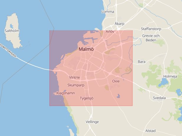 Karta som med röd fyrkant ramar in Malmö, Skåne län