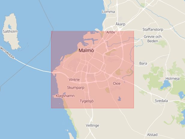 Karta som med röd fyrkant ramar in Akuten, Malmö, Skåne län