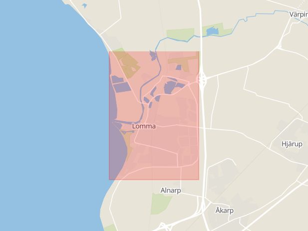 Karta som med röd fyrkant ramar in Lomma Kommun, Lomma, Skåne län