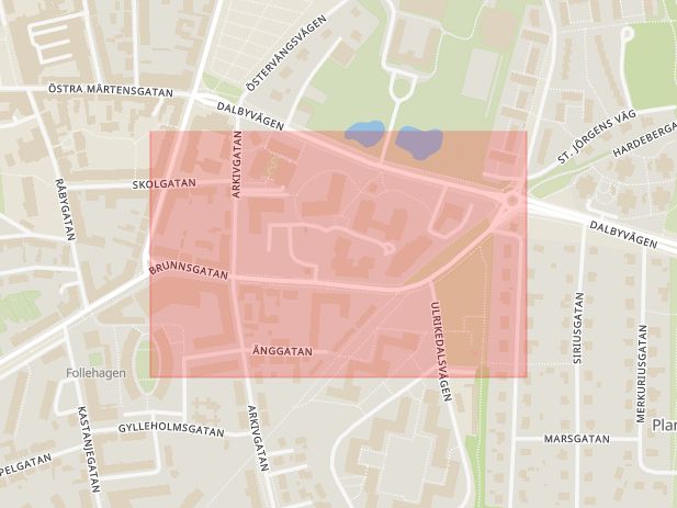 Karta som med röd fyrkant ramar in Brunnsgatan, Lund, Skåne län
