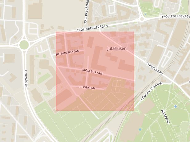 Karta som med röd fyrkant ramar in Möllegatan, Lund, Skåne län