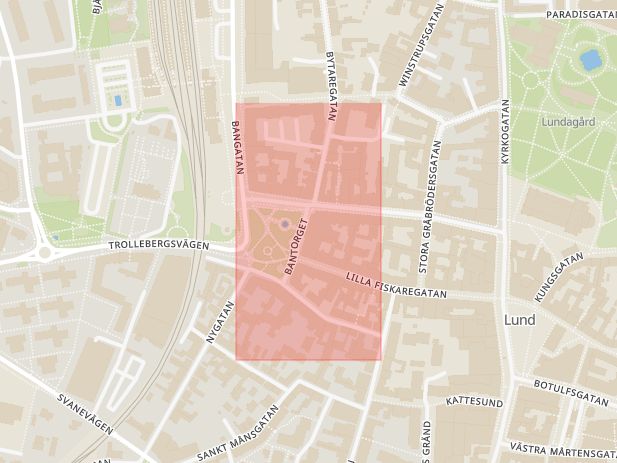 Karta som med röd fyrkant ramar in Gran, Kiliansgatan, Lund, Skåne län