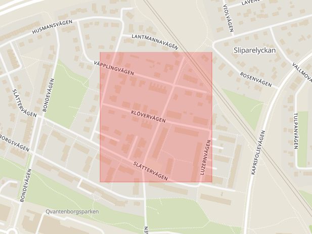 Karta som med röd fyrkant ramar in Klövervägen, Lund, Skåne län