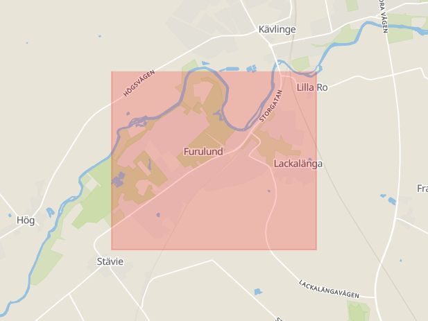 Karta som med röd fyrkant ramar in Furulund, Kävlinge, Skåne län