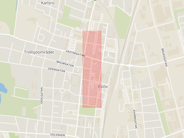 Karta som med röd fyrkant ramar in Kanalgatan, Eslöv, Skåne län
