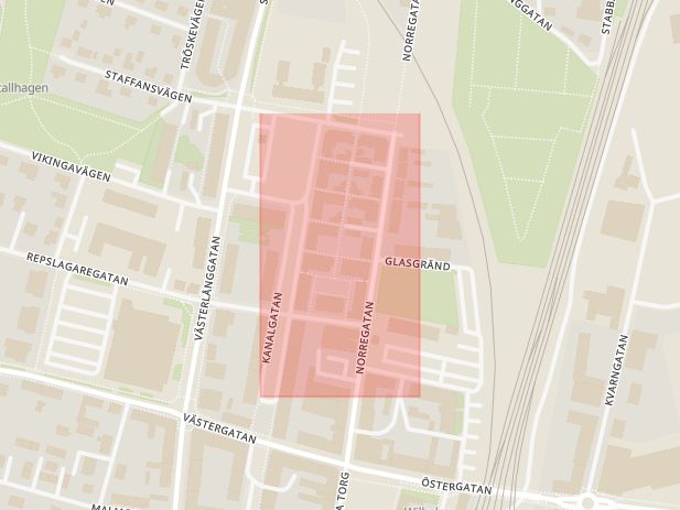 Karta som med röd fyrkant ramar in Föreningsgränd, Eslöv, Skåne län