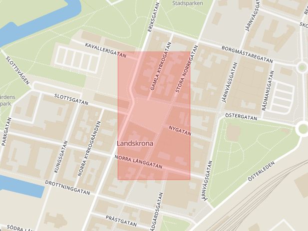 Karta som med röd fyrkant ramar in Rådhustorget, Landskrona, Skåne län
