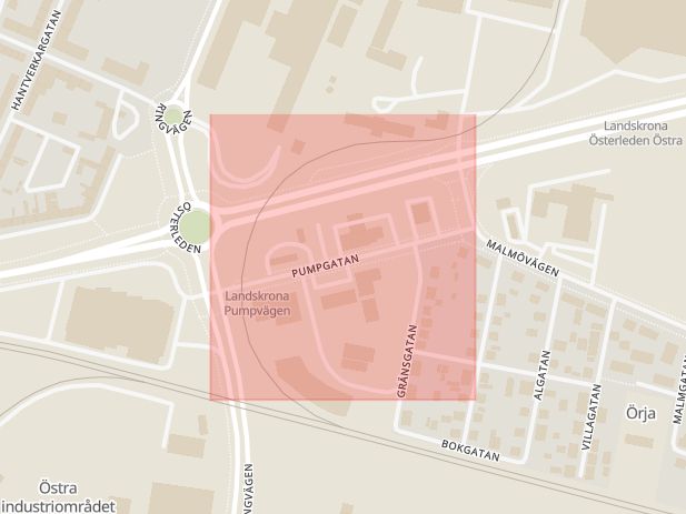 Karta som med röd fyrkant ramar in Pumpgatan, Landskrona, Skåne län