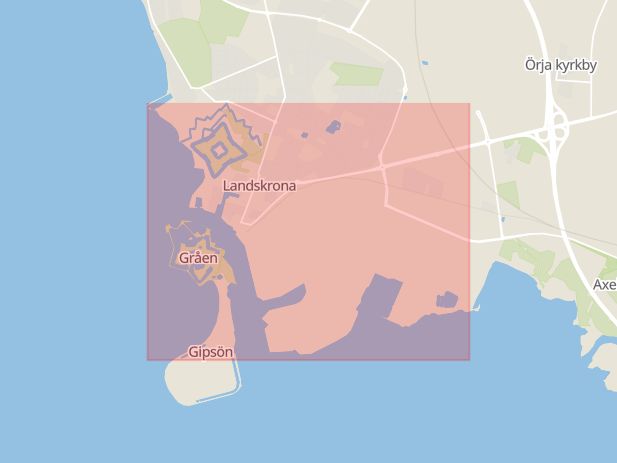 Karta som med röd fyrkant ramar in Dammhagen, Landskrona, Skåne län