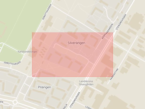 Karta som med röd fyrkant ramar in Silvergården, Kolonigatan, Landskrona, Skåne län
