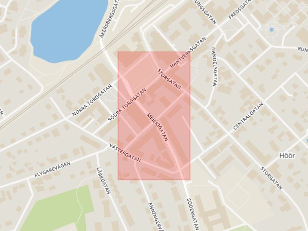 Karta som med röd fyrkant ramar in Lilla Torg, Höör, Skåne län