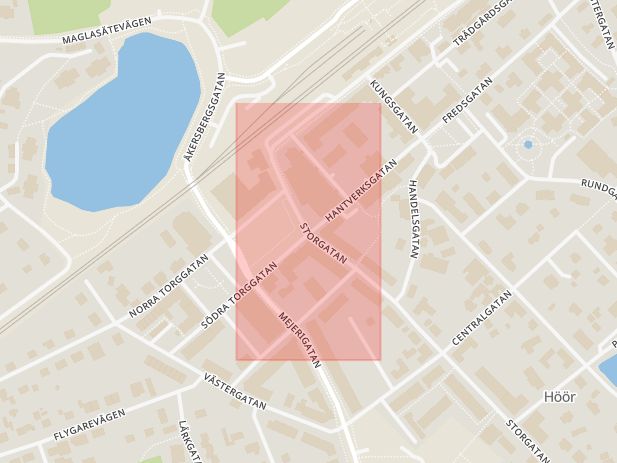 Karta som med röd fyrkant ramar in Hantverksgatan, Storgatan, Höör, Skåne län