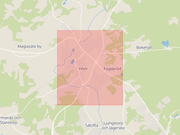 Karta som med röd fyrkant ramar in Hörby, Höör, Skåne län