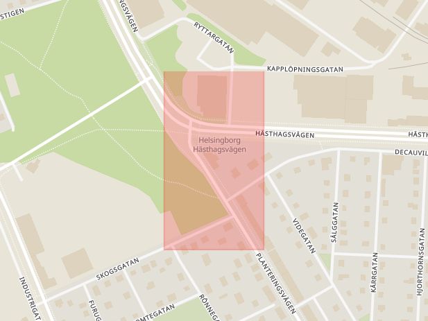 Karta som med röd fyrkant ramar in Miatorp, Hästhagsvägen, Helsingborg, Skåne län