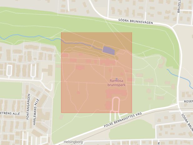 Karta som med röd fyrkant ramar in Brunnsparken, Ramlösa, Elineberg, Helsingborg, Skåne län