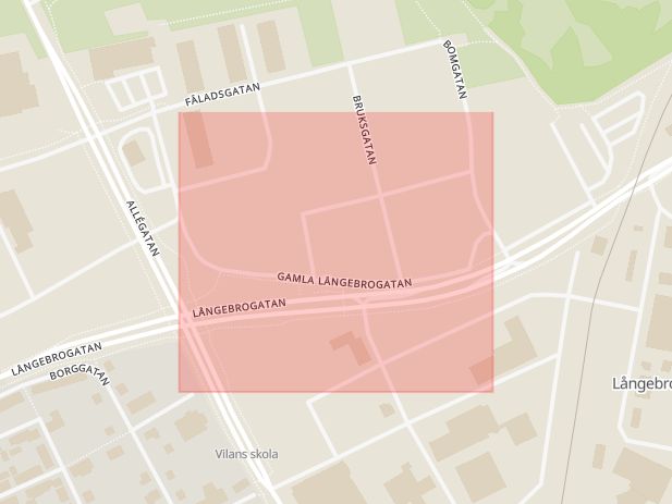 Karta som med röd fyrkant ramar in Gamla Långebrogatan, Kristianstad, Skåne län