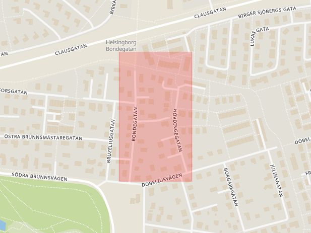 Karta som med röd fyrkant ramar in Ramlösa, Hultbergsgatan, Helsingborg, Skåne län