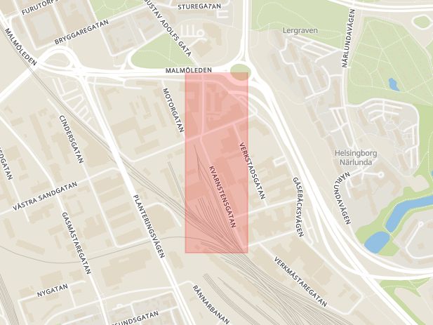 Karta som med röd fyrkant ramar in Kvarnstensgatan, Helsingborg, Skåne län