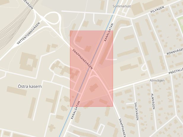 Karta som med röd fyrkant ramar in Kanalgatan, Snapphanevägen, Kristianstad, Skåne län