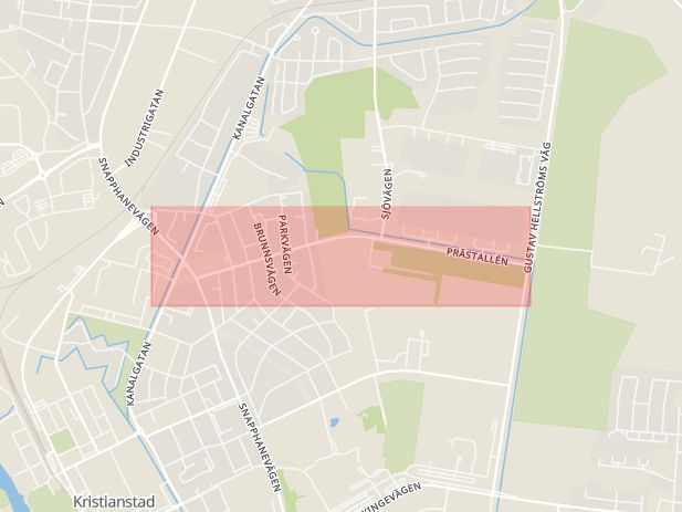 Karta som med röd fyrkant ramar in Prästallén, Kristianstad, Skåne län