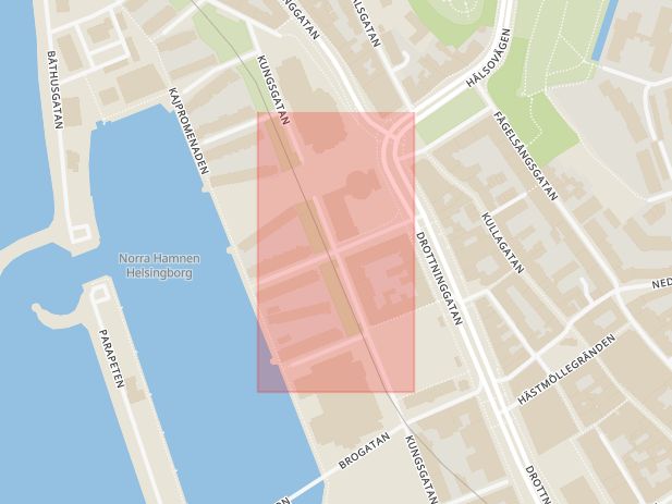 Karta som med röd fyrkant ramar in Norra Hamnen, Båthusgatan, Helsingborg, Skåne län