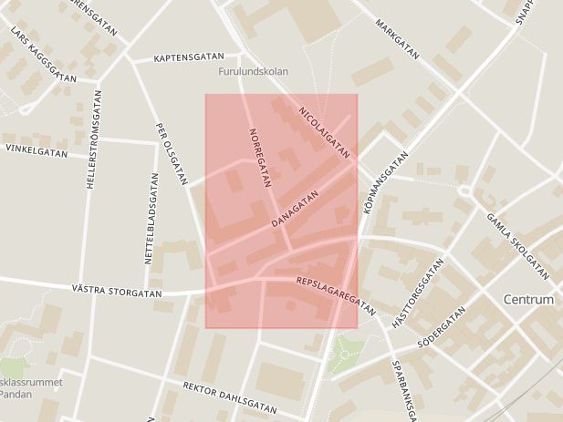 Karta som med röd fyrkant ramar in Danagatan, Sölvesborg, Blekinge län