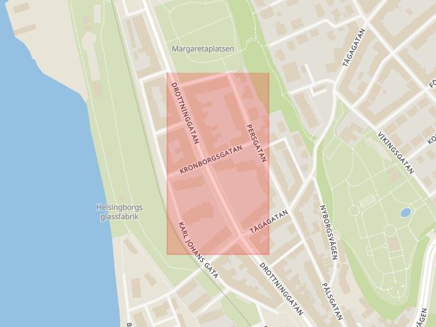 Karta som med röd fyrkant ramar in Drottninggatan, Kronborgsgatan, Helsingborg, Skåne län