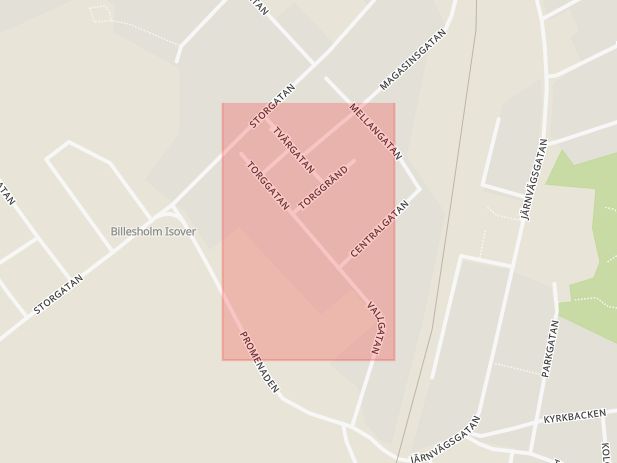 Karta som med röd fyrkant ramar in Torggatan, Billesholm, Bjuv, Skåne län