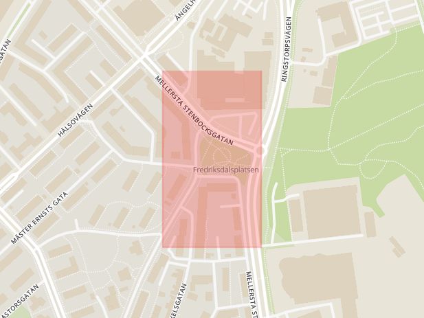 Karta som med röd fyrkant ramar in Fredriksdal, Helsingborg, Skåne län