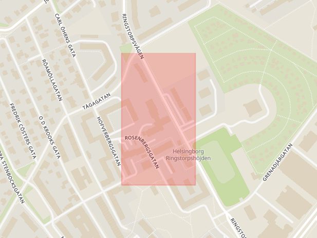 Karta som med röd fyrkant ramar in Stattena, Grubbagatan, Ringstorpsvägen, Helsingborg, Skåne län