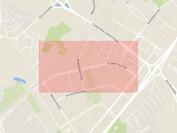 Karta som med röd fyrkant ramar in Berga, Florettgatan, Helsingborg, Skåne län