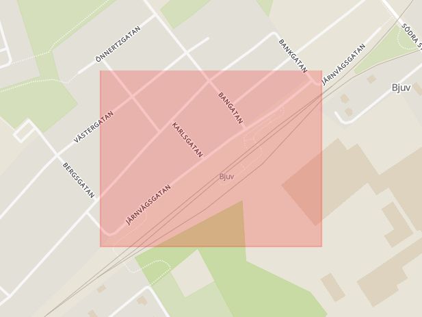 Karta som med röd fyrkant ramar in Järnvägsgatan, Bjuv, Skåne län