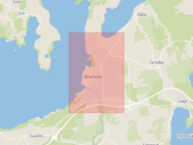 Karta som med röd fyrkant ramar in Ljungby, Bromölla, Skåne län