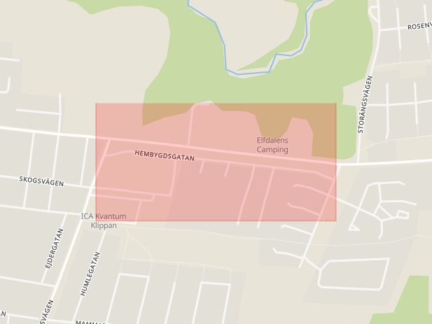 Karta som med röd fyrkant ramar in Hembygdsgatan, Klippan, Skåne län