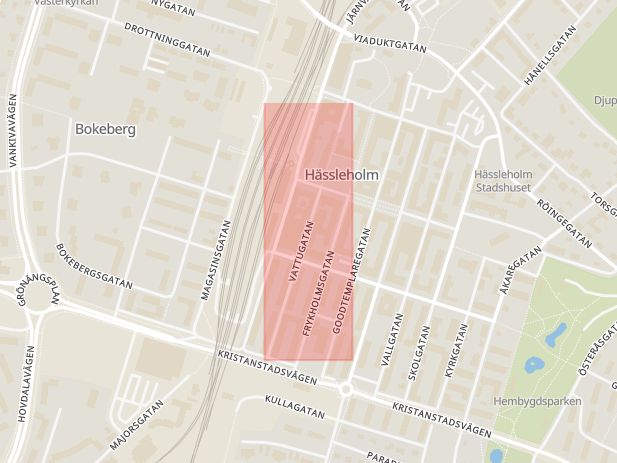 Karta som med röd fyrkant ramar in Vattugatan, Hässleholm, Skåne län