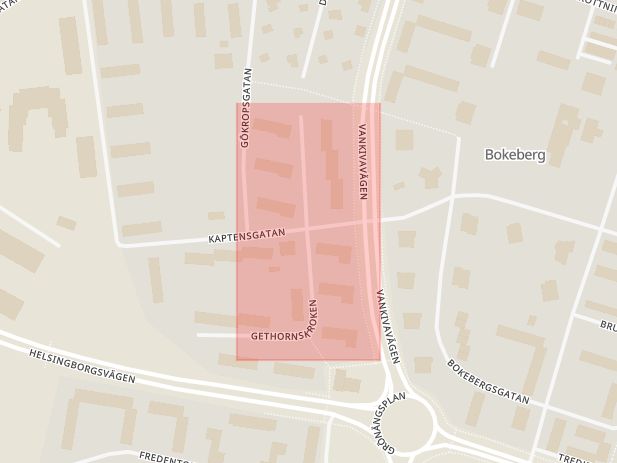 Karta som med röd fyrkant ramar in Gethornskroken, Kaptensgatan, Gökropsgatan, Hässleholm, Skåne län