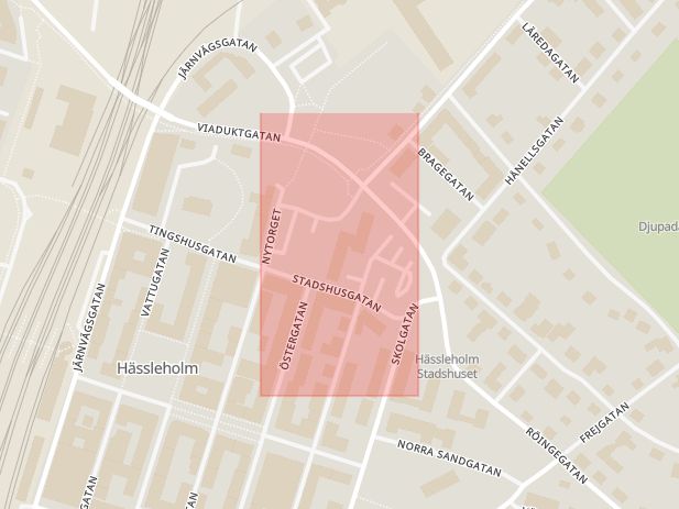 Karta som med röd fyrkant ramar in Broby, Stadshus, Hässleholm, Skåne län