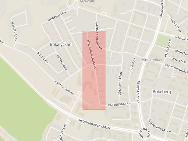 Karta som med röd fyrkant ramar in Mellankullagatan, Hässleholm, Skåne län