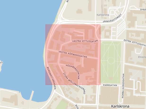Karta som med röd fyrkant ramar in Västra Köpmansgatan, Karlskrona, Blekinge län