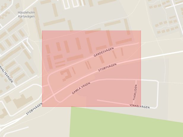 Karta som med röd fyrkant ramar in Gärdesvägen, Hässleholm, Skåne län