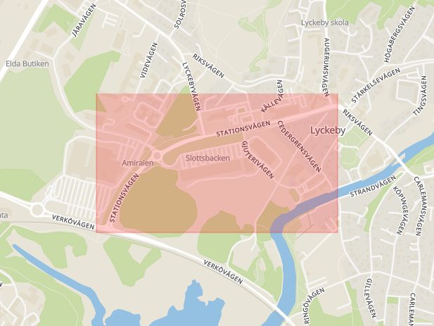 Karta som med röd fyrkant ramar in Stationsvägen, Lyckeby, Karlskrona, Blekinge län
