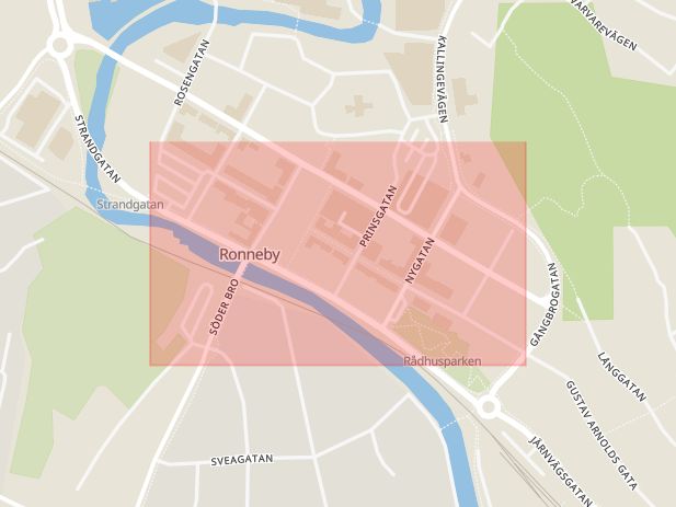 Karta som med röd fyrkant ramar in Karlskronagatan, Ronneby, Blekinge län