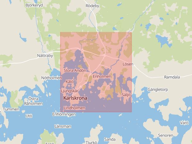 Karta som med röd fyrkant ramar in Jämjö, Vardagsrummet, Karlskrona, Blekinge län