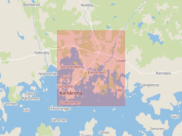 Karta som med röd fyrkant ramar in Järavägen, Vedeby, Karlskrona, Blekinge län