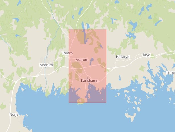 Karta som med röd fyrkant ramar in Hagalundsvägen, Byasjön, Ringamåla, Karlshamn, Blekinge län
