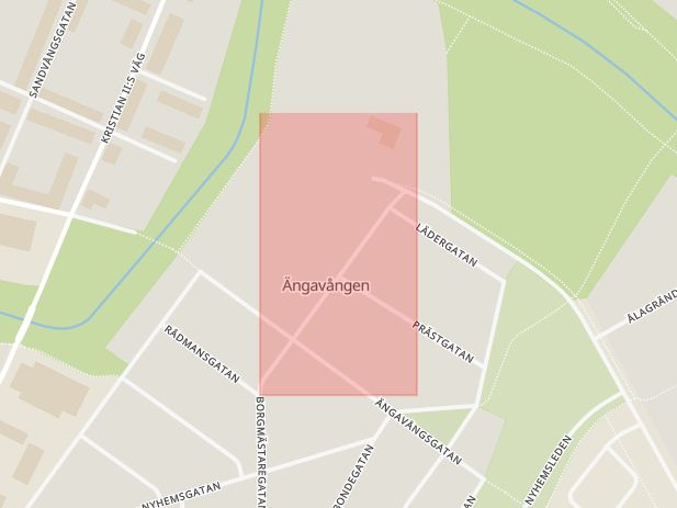 Karta som med röd fyrkant ramar in Ängavången, Ängavångsgatan, Ängelholm, Skåne län