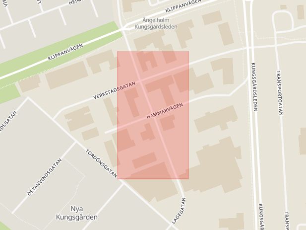 Karta som med röd fyrkant ramar in Hammargatan, Lagegatan, Ängelholm, Skåne län