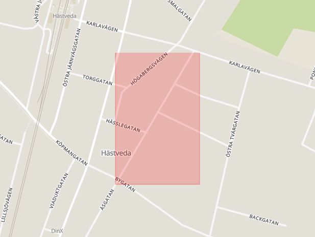 Karta som med röd fyrkant ramar in Hästveda, Östergatan, Hässleholm, Skåne län