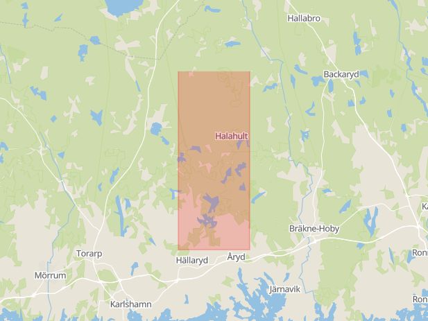 Karta som med röd fyrkant ramar in Åryd, Halasjövägen, Karlshamn, Blekinge län